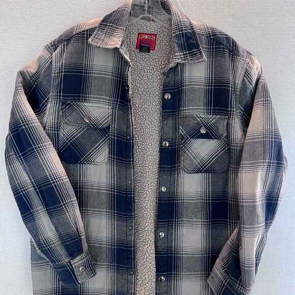 Vtg Big Mac JC Penney Sherpa Lined Flannel Jacket S 34-36 Blue Plaid Snap Front - Picture 1 of 9